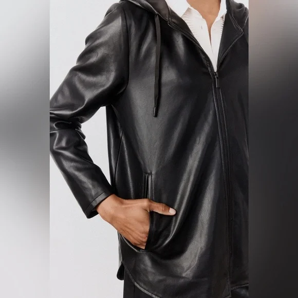 $349 RUTI Black Vegan Leather Hooded Jacket, Size 6 - Picture 4 of 8